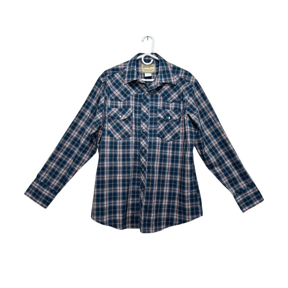Wrangler Western Button Down Tshirt Womens Large Blue Plaid Pearl Snap Cowgirl